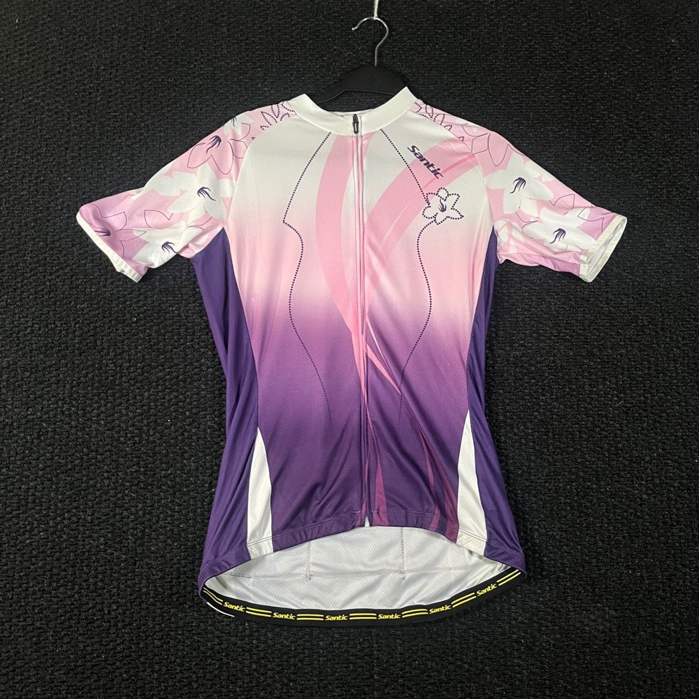 Santic Womens Cycling Jersey Medium Purple Pink Floral Full Zip Short Sleeve